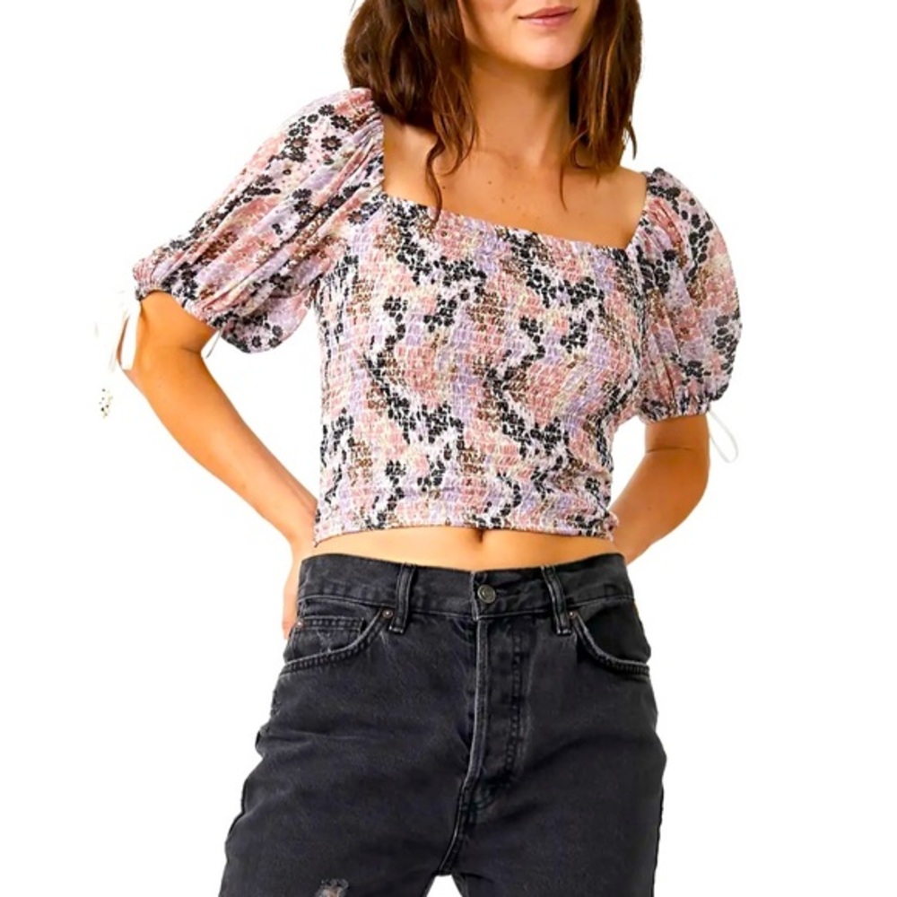 Free People size M pink floral “Soft Combo” square neck smocked short sleeve top